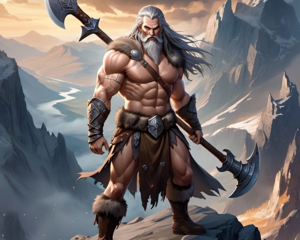Muscular Warrior with Axe on Rocky Outcrop at Sunset