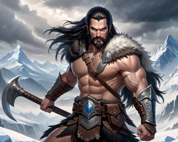 Muscular Warrior in Snowy Mountain Landscape