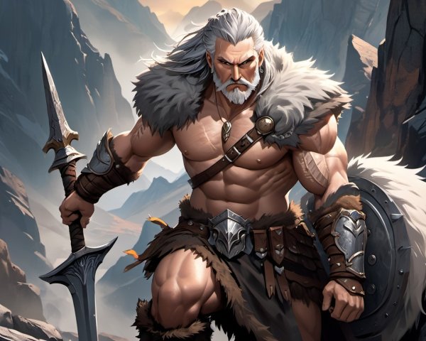 Warrior on Rocky Terrain with Spear and Shield