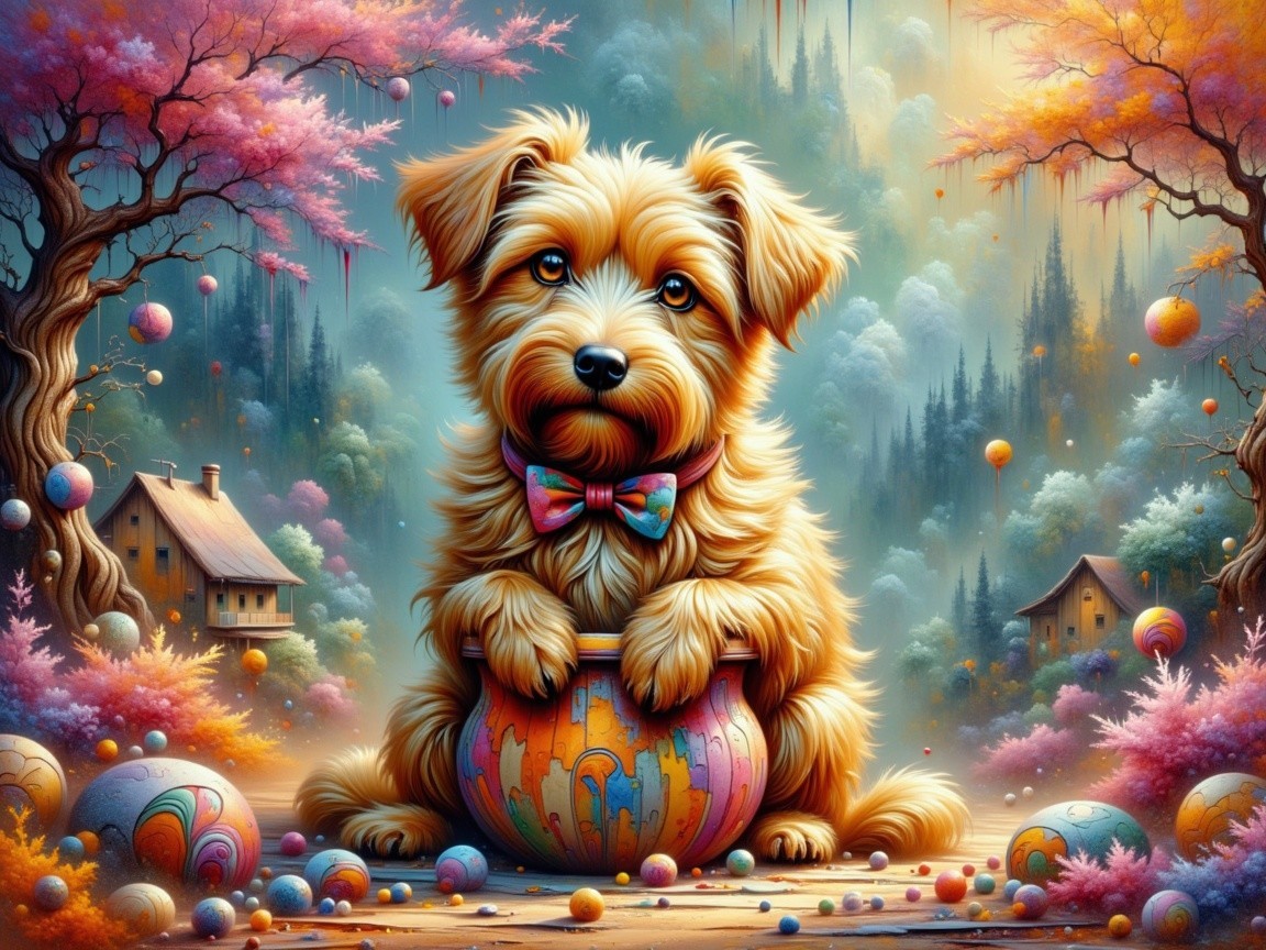 Fluffy Orange Puppy in Whimsical Colorful Landscape