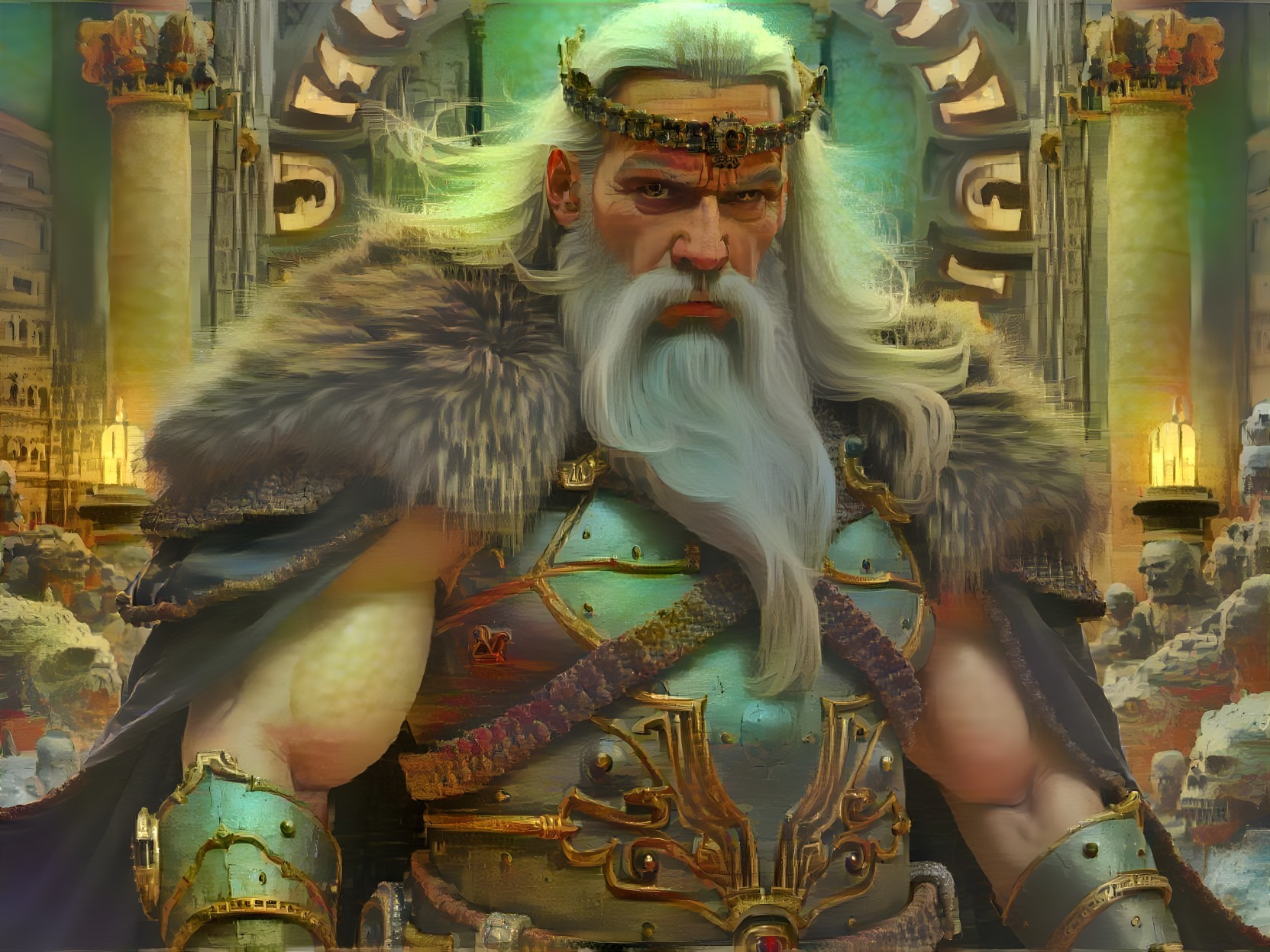Warrior in Ornate Armor Amidst Ancient Ruins
