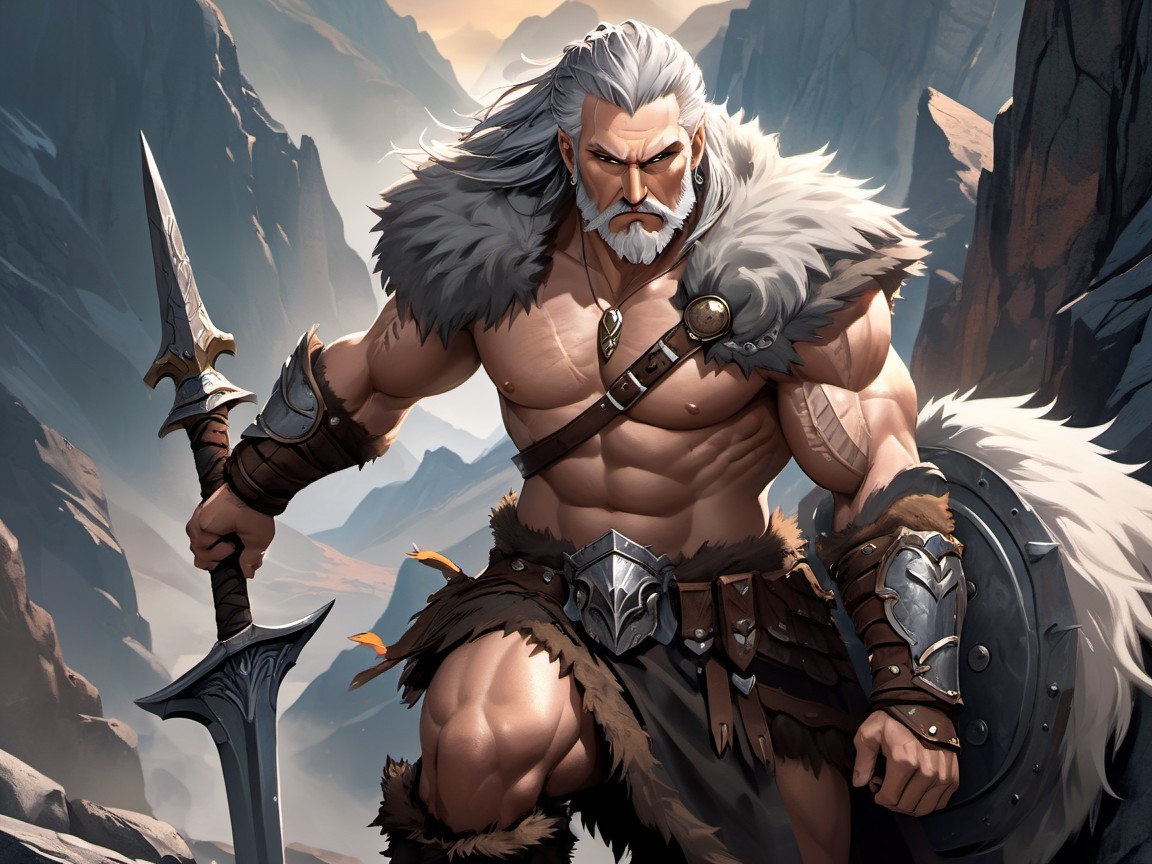 Warrior on Rocky Terrain with Spear and Shield