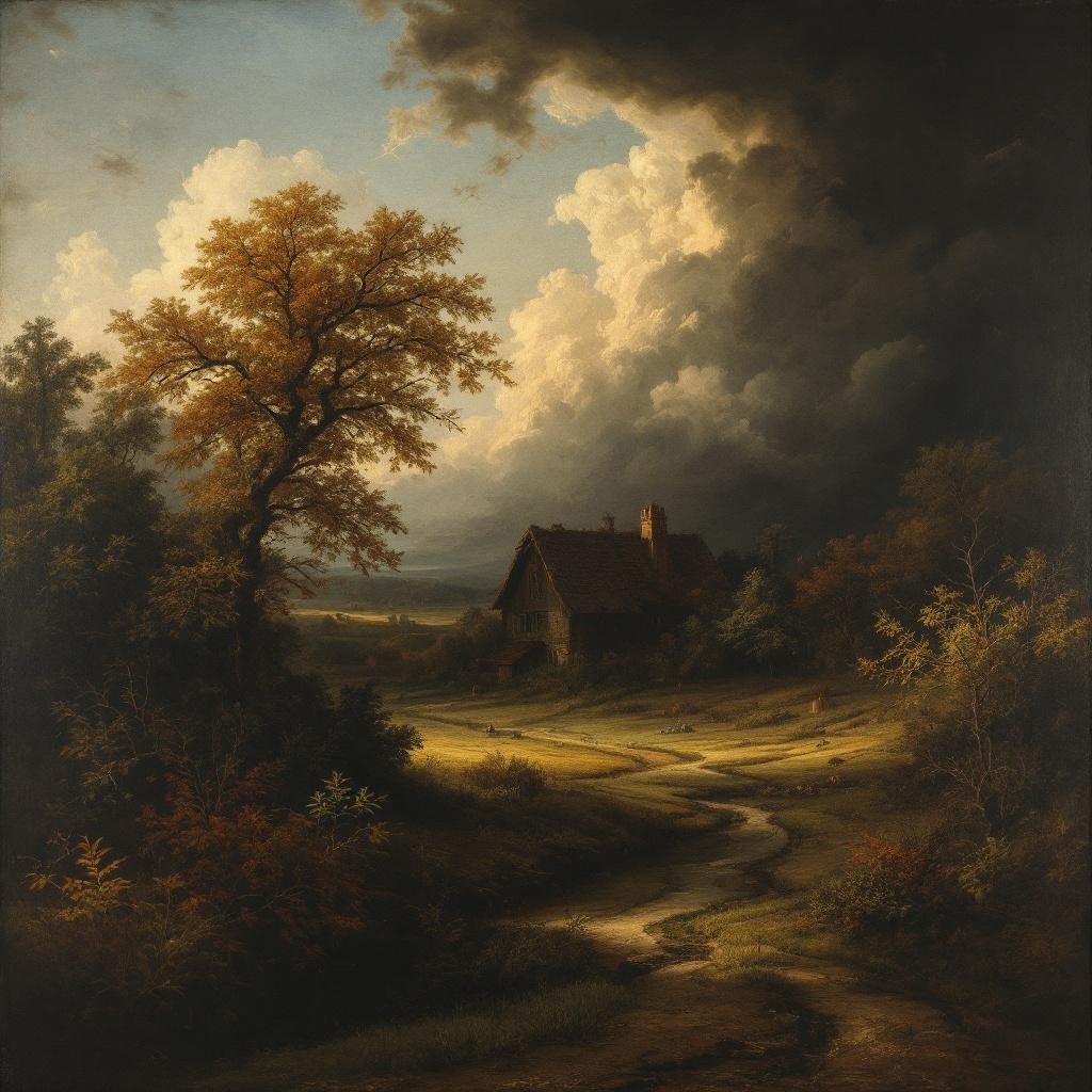 Tranquil Landscape with Cottage and Dramatic Sky