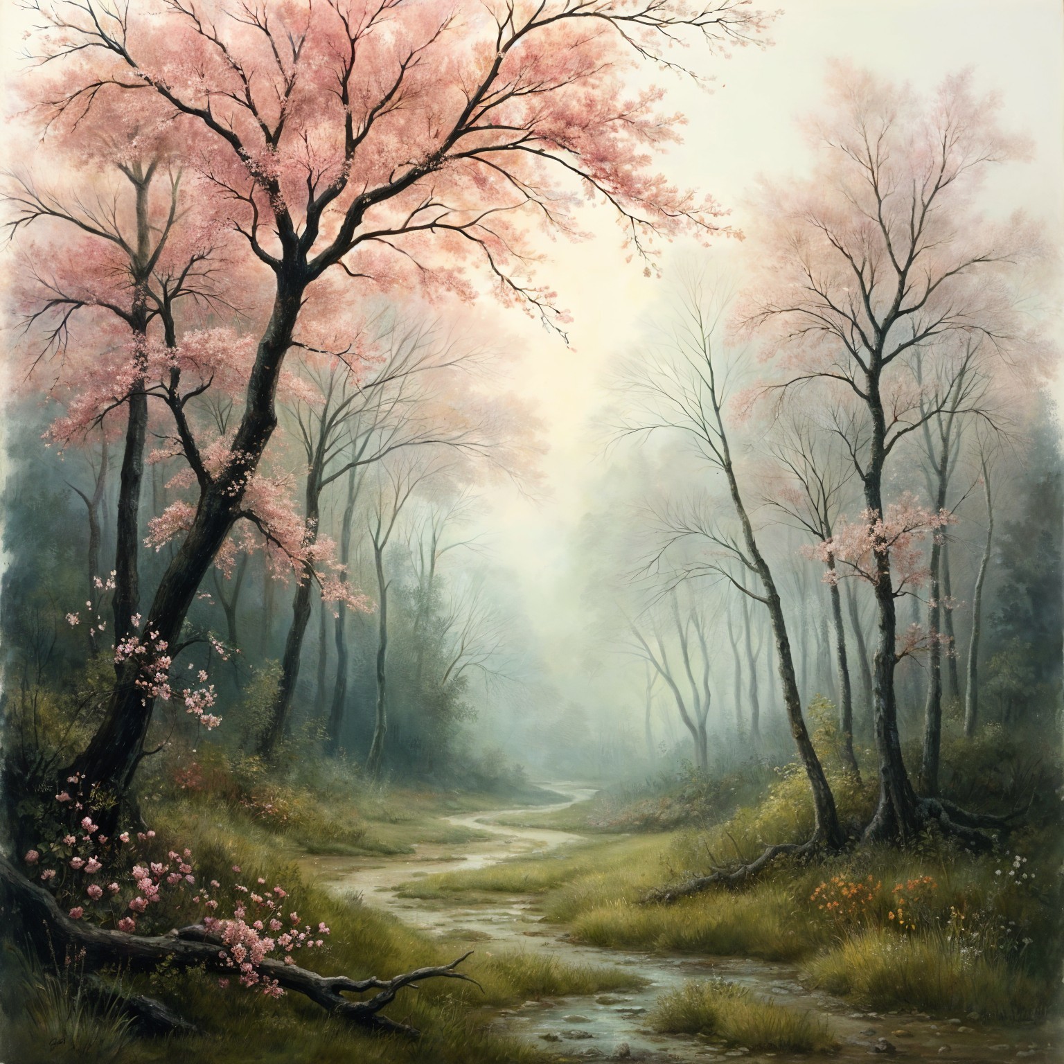 Winding Path Through Misty Forest with Cherry Blossoms