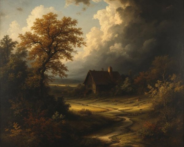 Tranquil Landscape with Cottage and Dramatic Sky