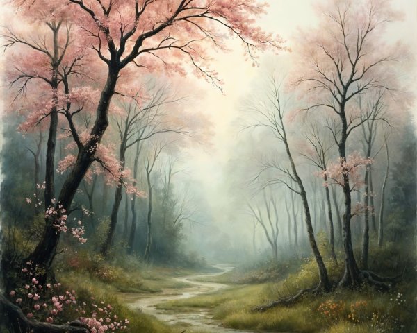 Winding Path Through Misty Forest with Cherry Blossoms