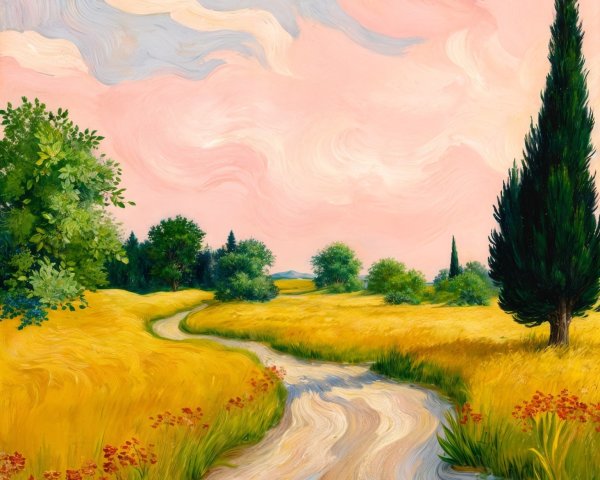Vibrant Landscape with Path and Cypress Trees
