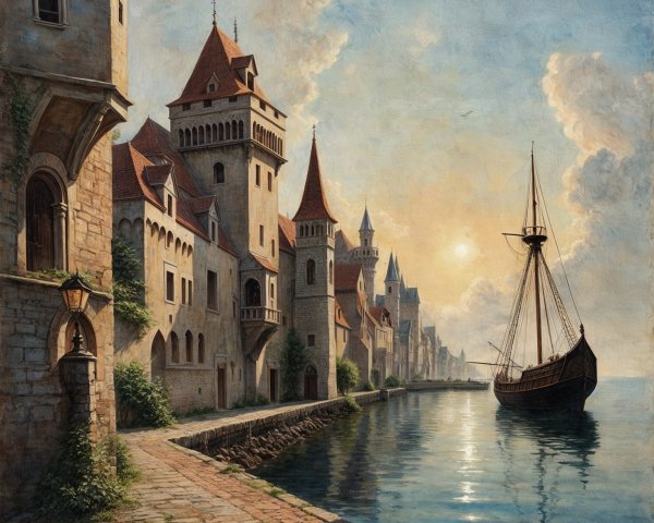 Picturesque Waterfront with Medieval Buildings and Ship