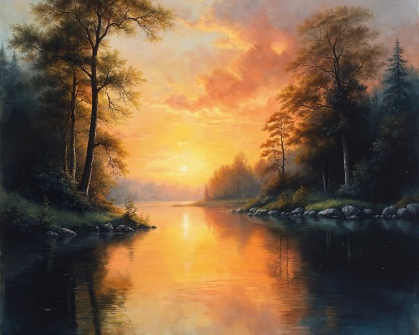 Serene Sunset Landscape with Calm River and Trees