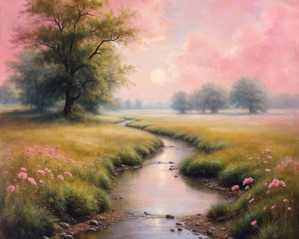 Serene Dawn Landscape with Stream and Pink Flowers