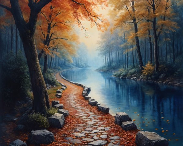 Serene River Scene with Autumn Foliage and Mist