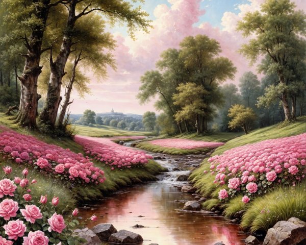 Serene landscape with a stream and pink roses