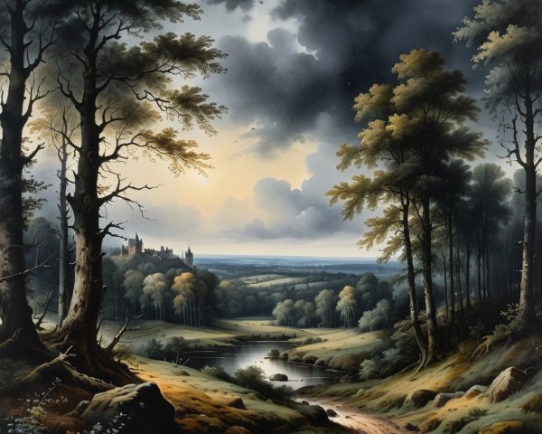 Serene Landscape with Forest Path and Reflective Lake