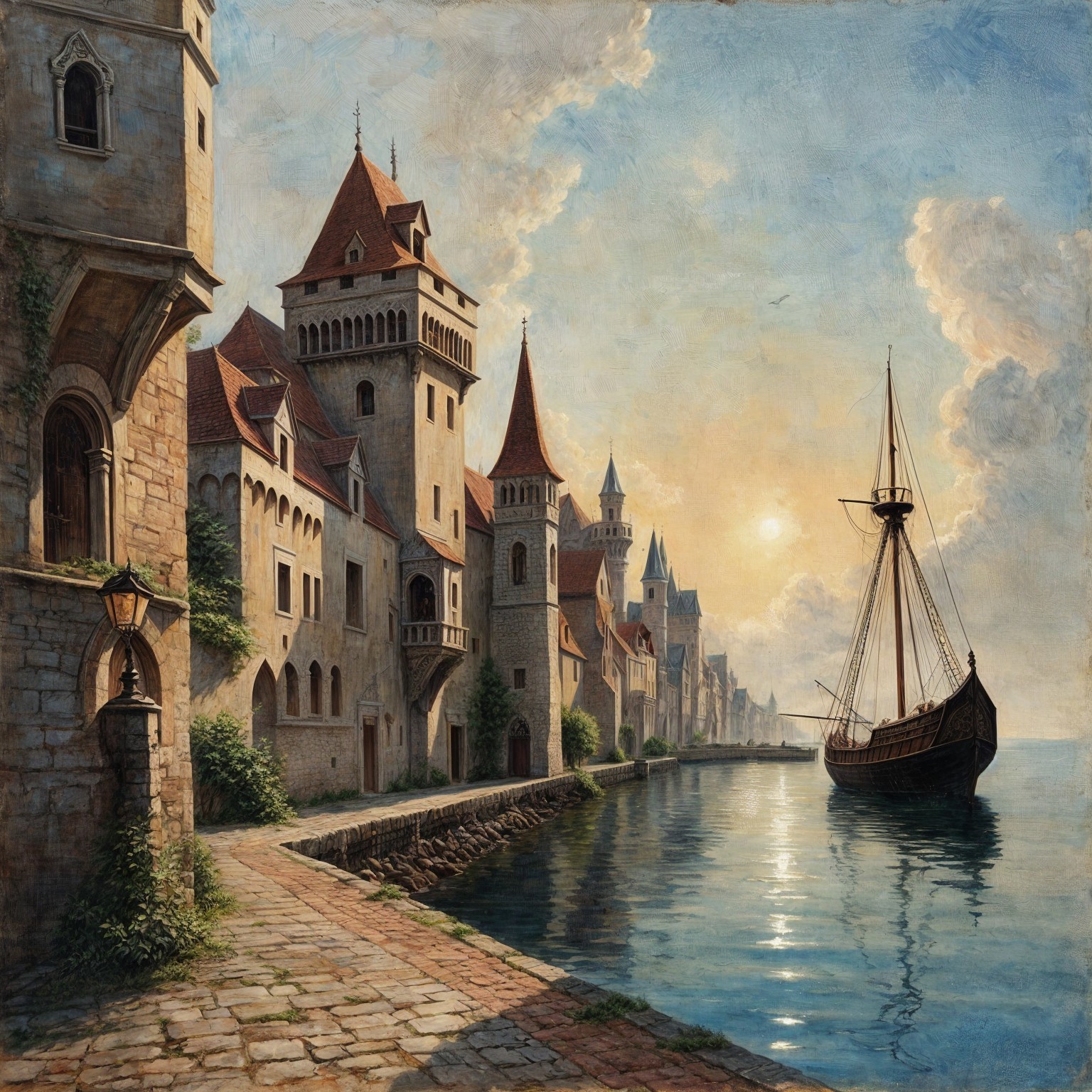Picturesque Waterfront with Medieval Buildings and Ship