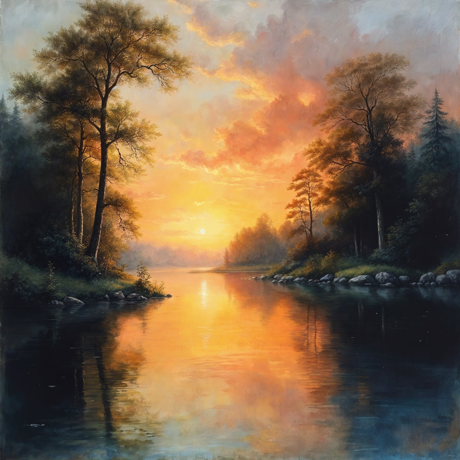 Serene Sunset Landscape with Calm River and Trees