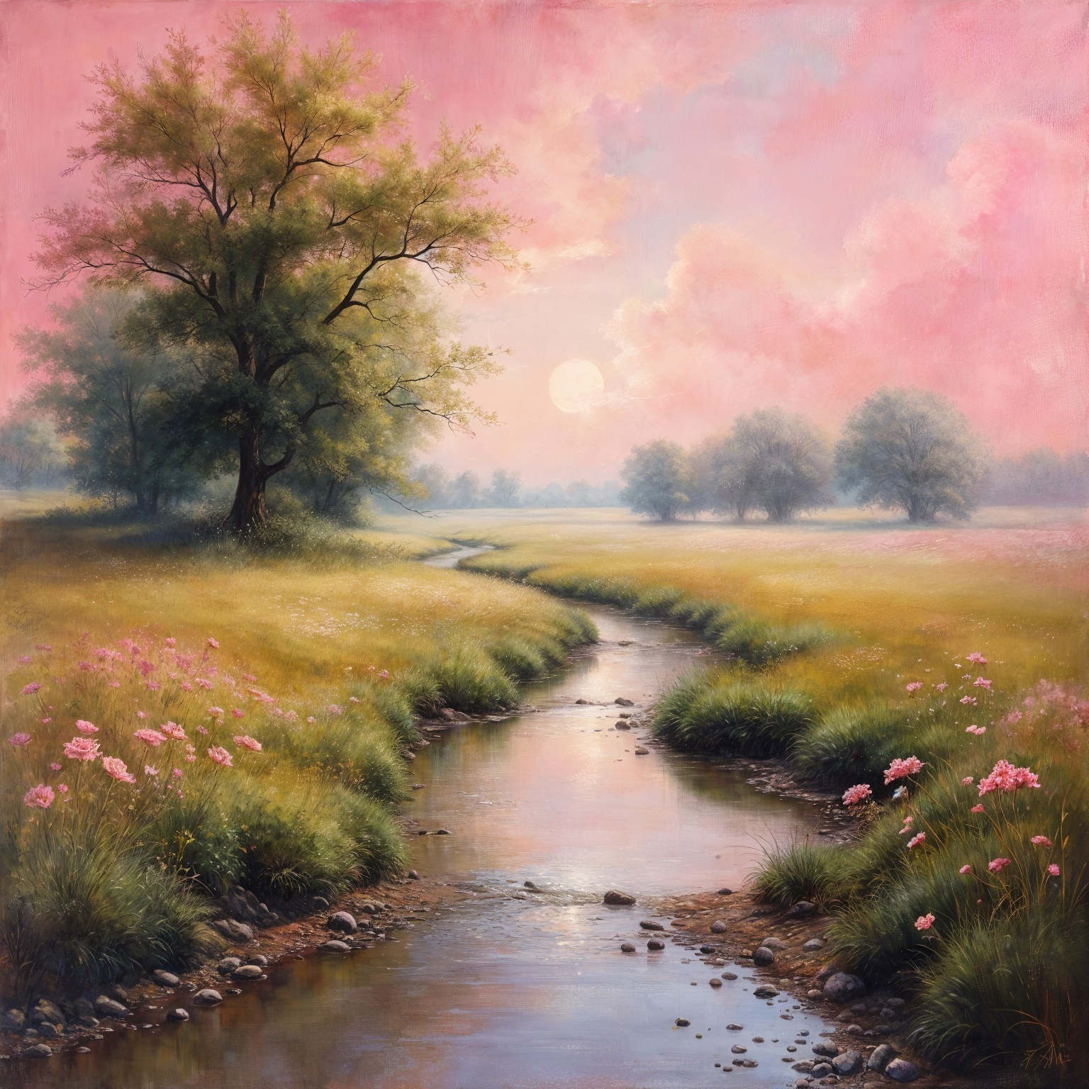 Serene Dawn Landscape with Stream and Pink Flowers