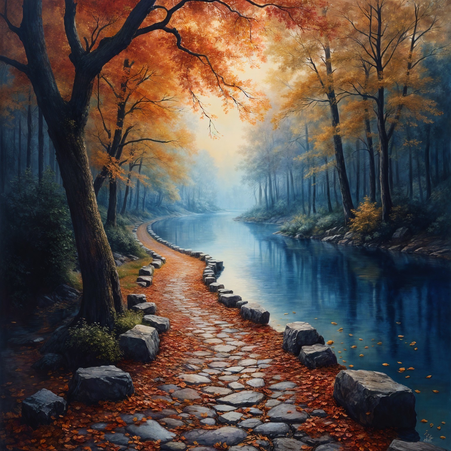 Serene River Scene with Autumn Foliage and Mist