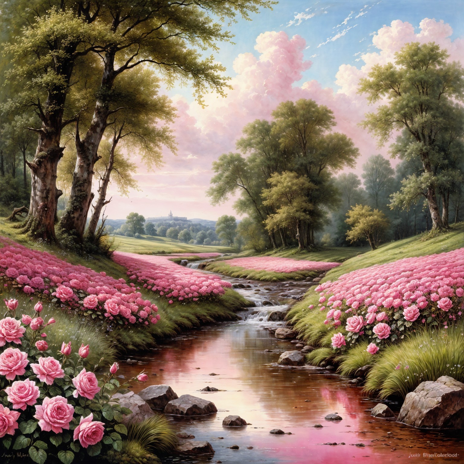 Serene landscape with a stream and pink roses