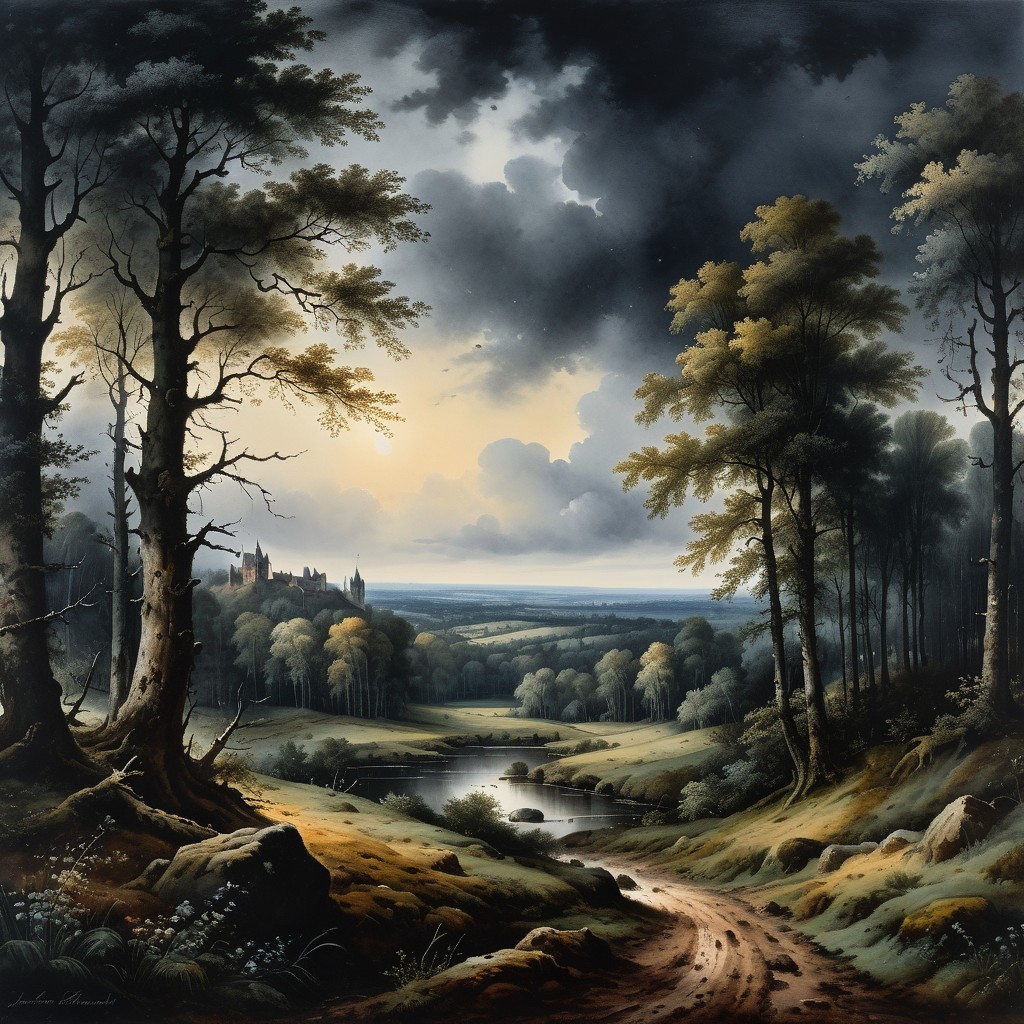 Serene Landscape with Forest Path and Reflective Lake