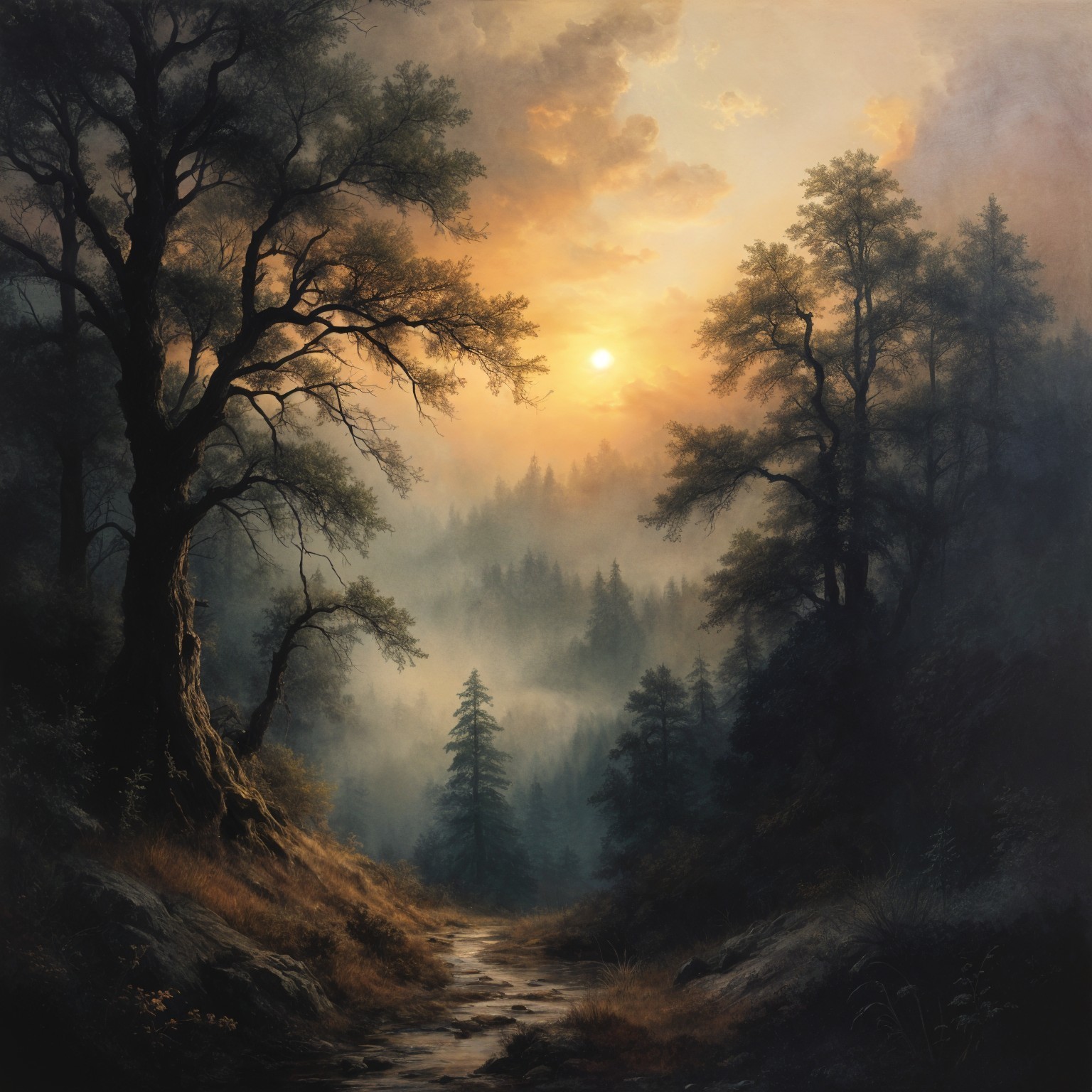 Twilight Forest Scene with Trees and Winding Path