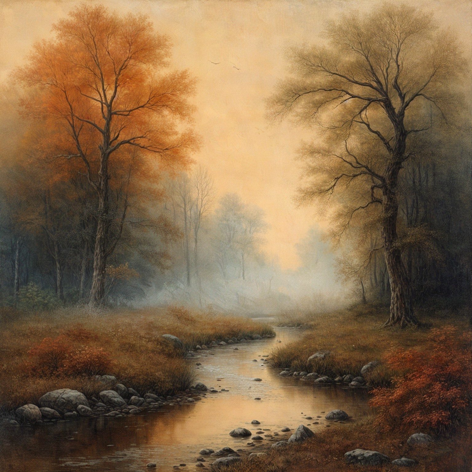 Tranquil Landscape with Winding Creek at Dawn