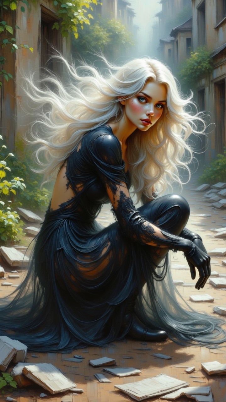 Crouching Figure in Black Gown on Overgrown Street