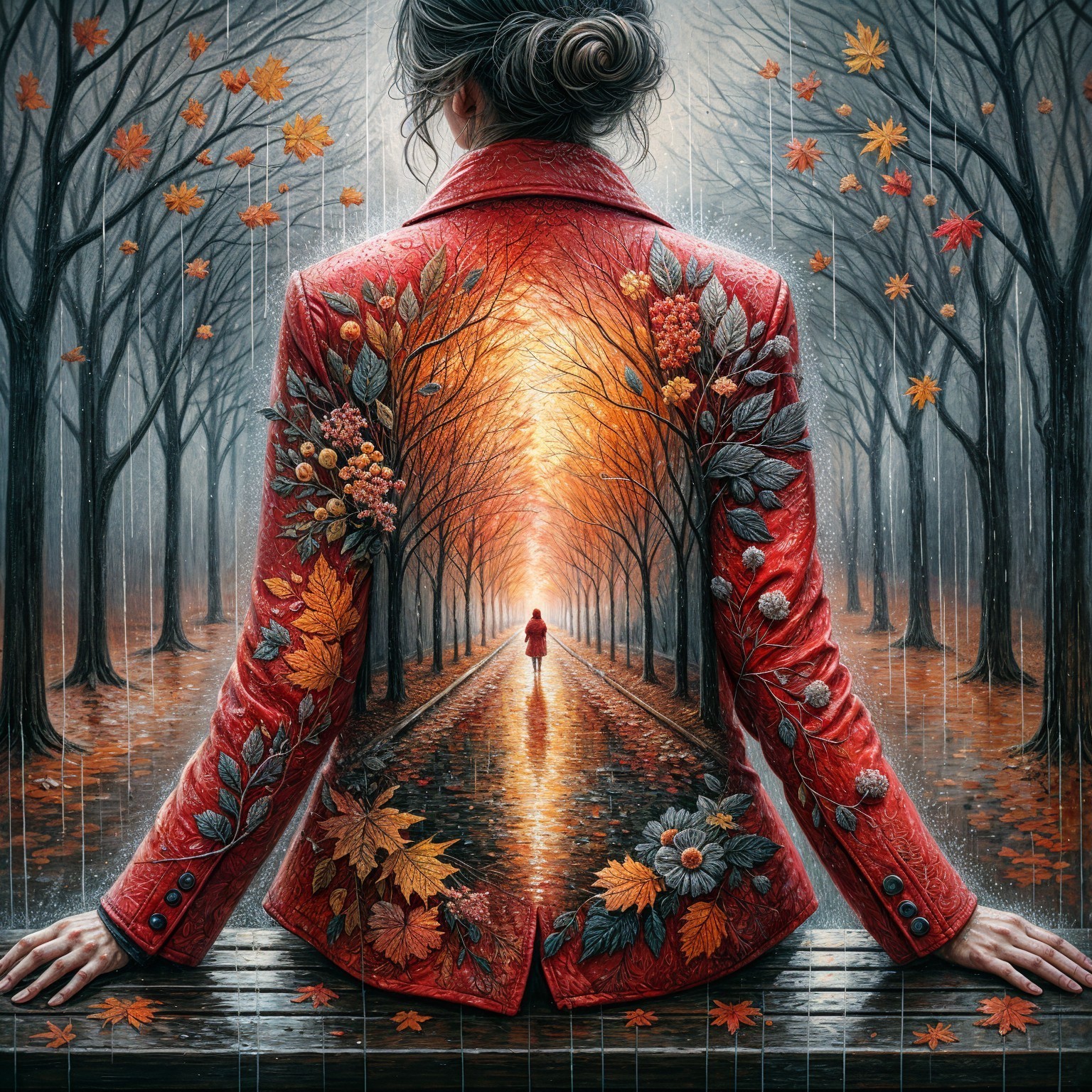 Woman in Red Jacket in Misty Autumn Forest Pathway