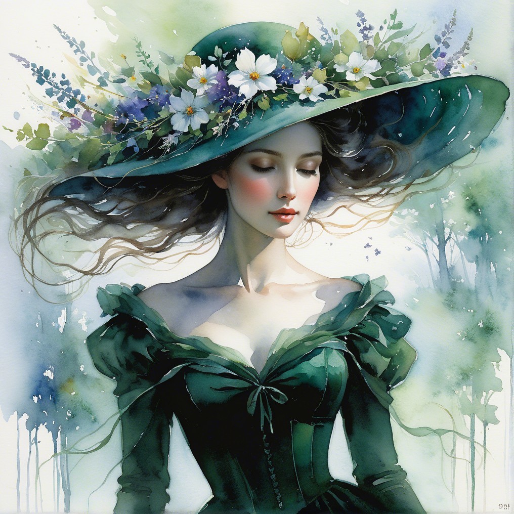 Serene Woman in Elegant Green Dress and Floral Hat