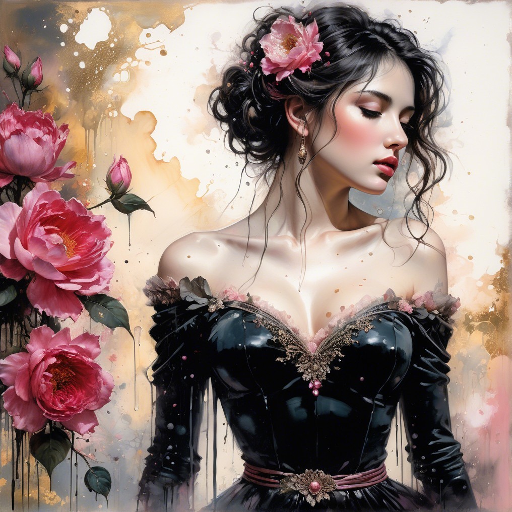 Young woman in black gown with pink flower and peonies
