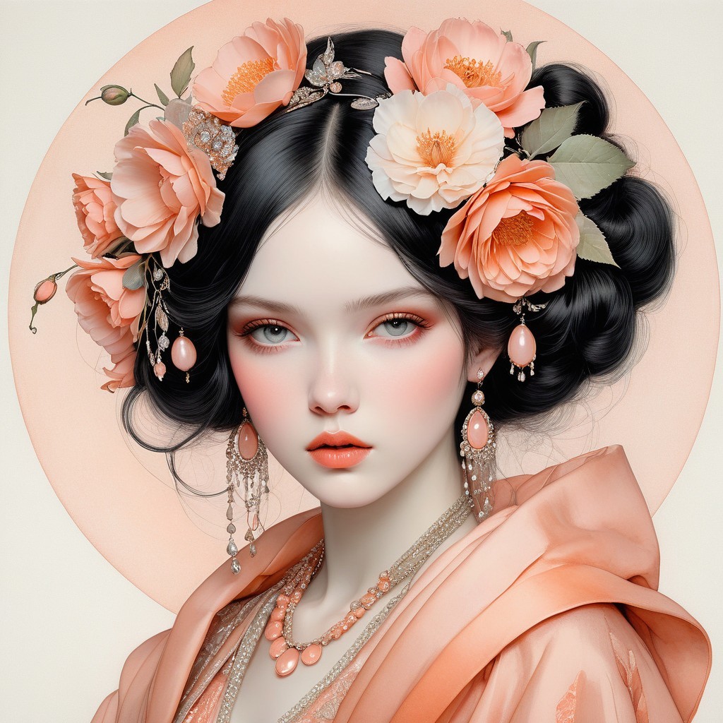Portrait of a Young Woman with Floral Accents and Coral Robe