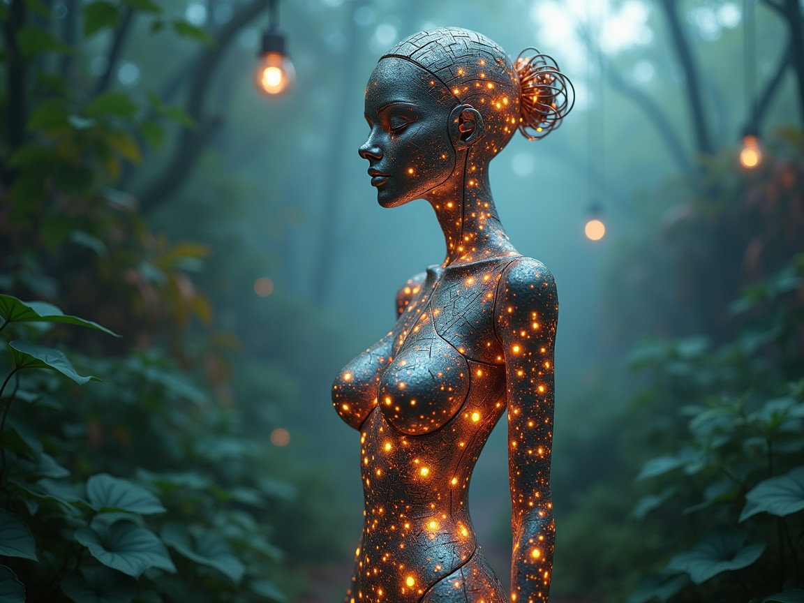 Futuristic Female Figure in a Misty Forest Setting