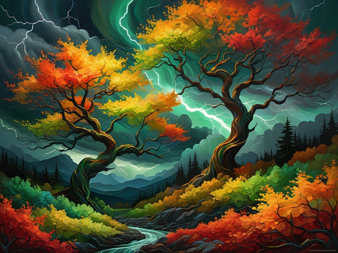 Autumn Landscape with Twisting Trees and Storm Clouds