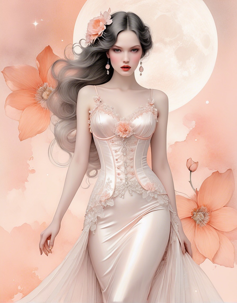 Ethereal Woman in Floral Gown with Dreamy Background