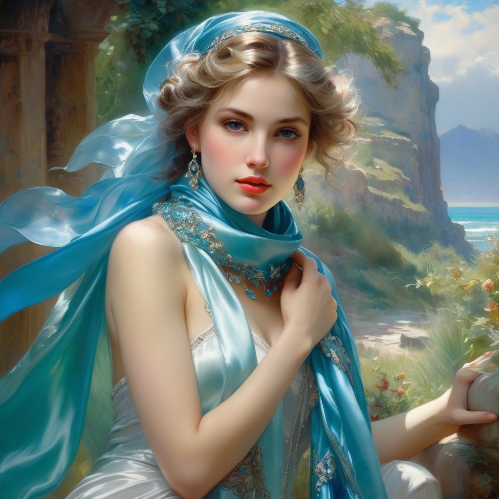 Elegant Woman in Light Blue Headscarf Surrounded by Nature