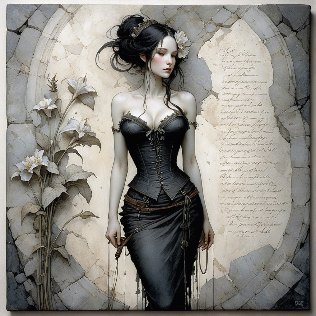 Detailed Illustration of a Woman in Corseted Dress