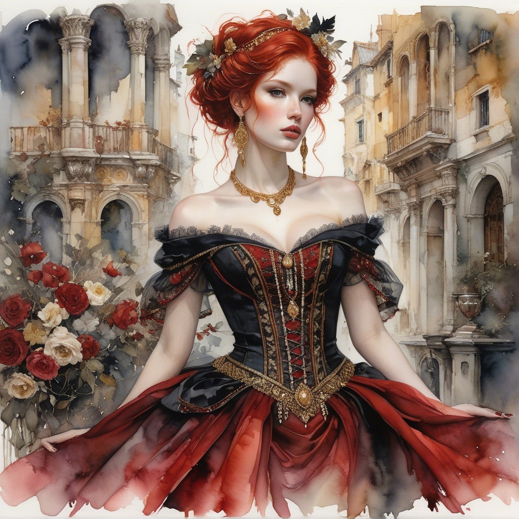 Elegant Woman in Off-Shoulder Red and Black Gown