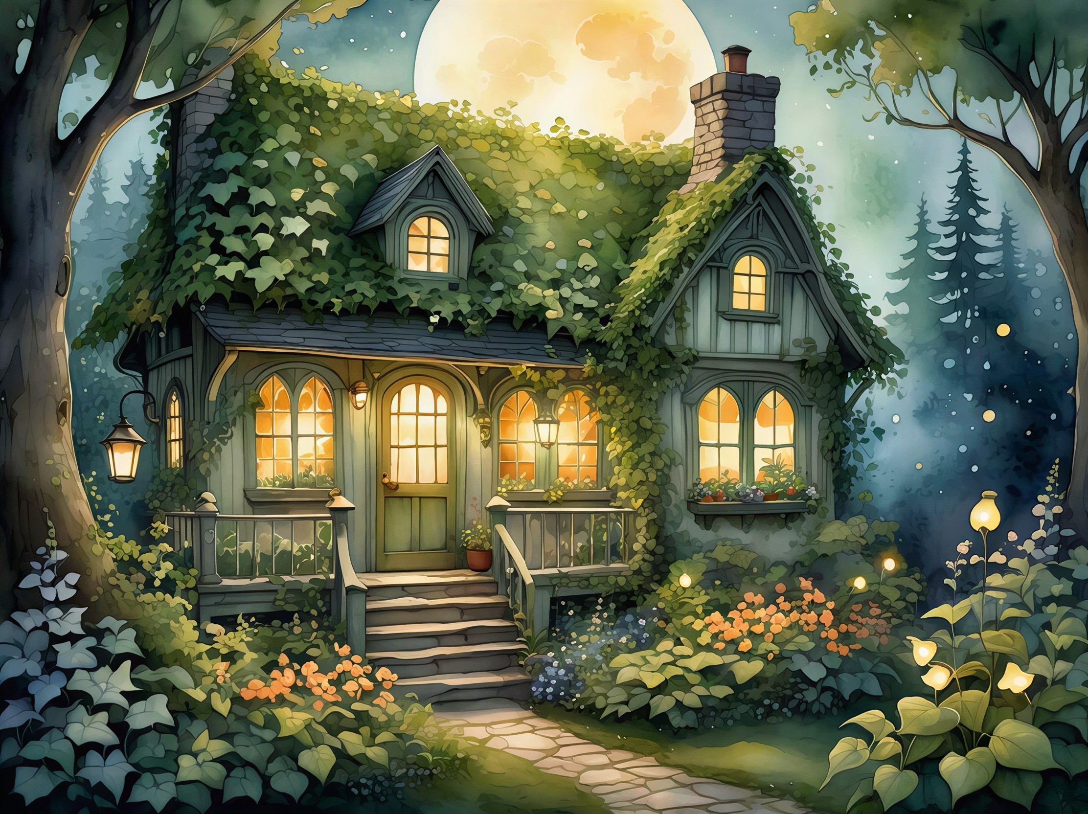 Fairytale Cottage with Ivy and Full Moon Above