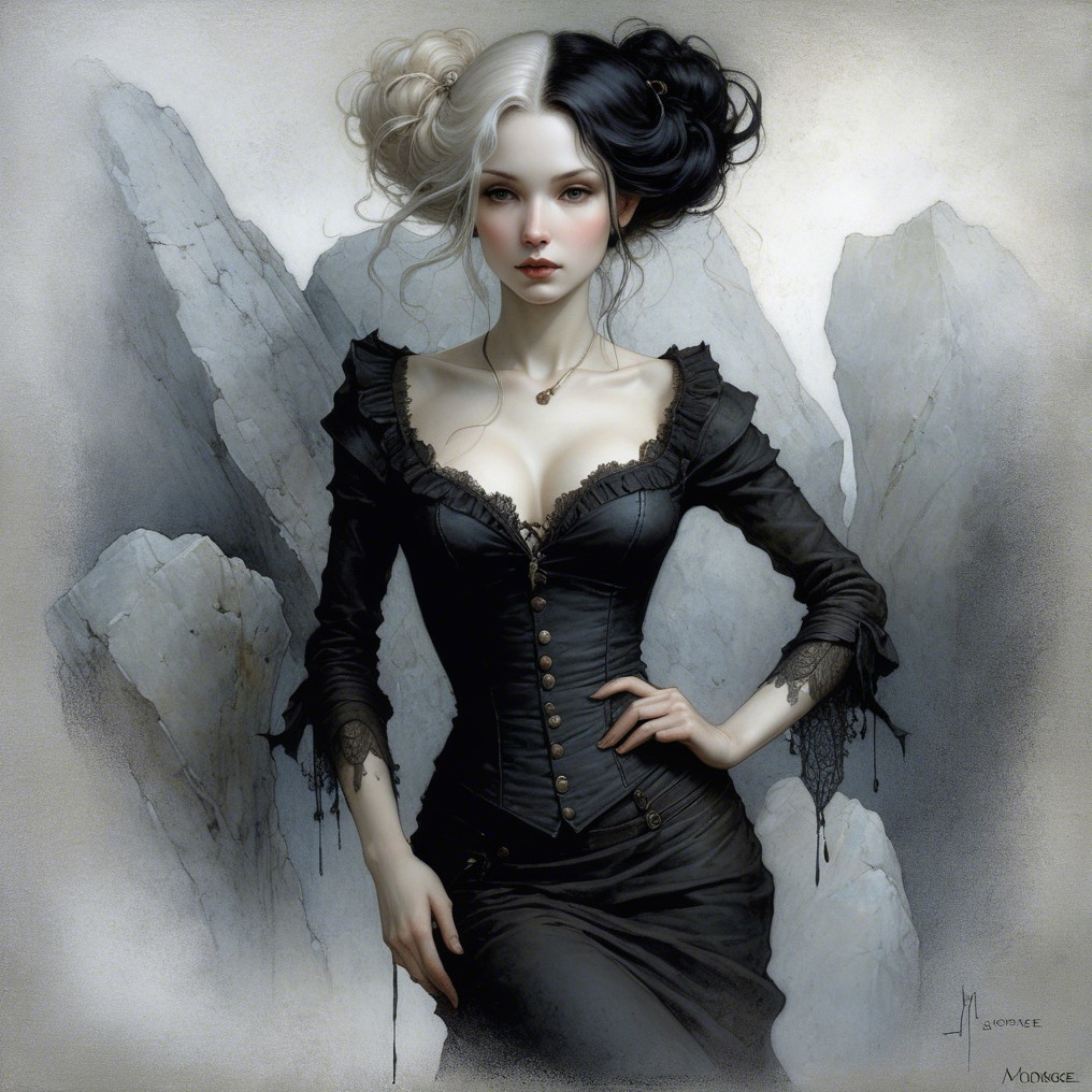 Gothic Figure in Black and White Against Rocky Backdrop