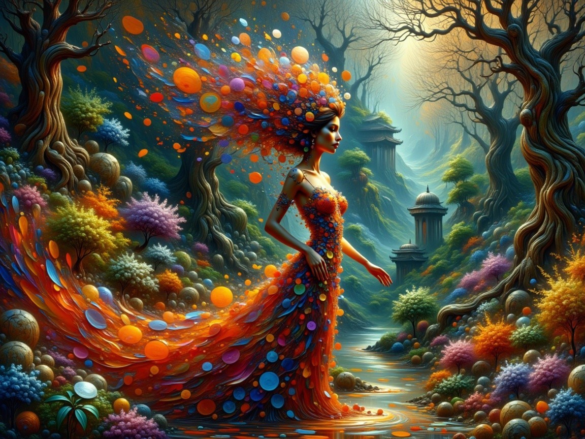 Enchanted forest scene with a colorful gown and aura