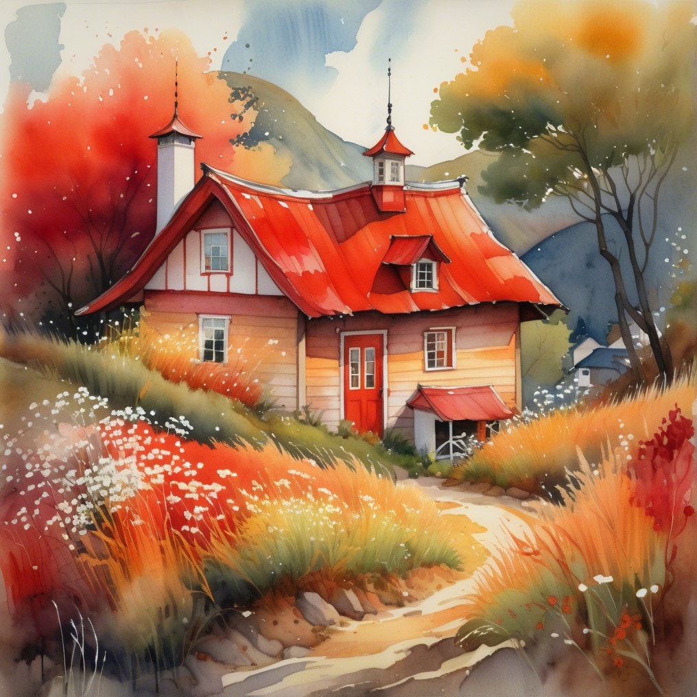 Cottage with Red Roof Amidst Autumn Foliage
