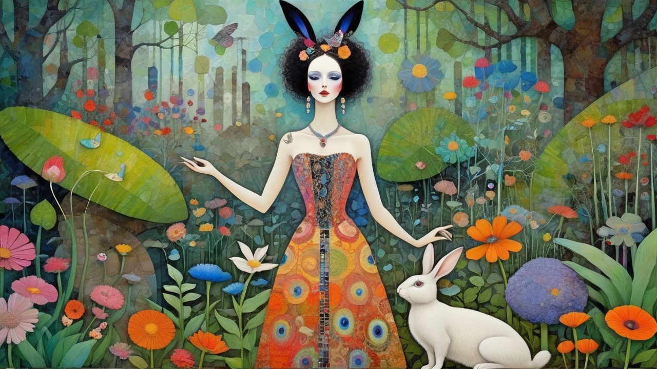 Colorful Illustration of a Woman in a Surreal Garden
