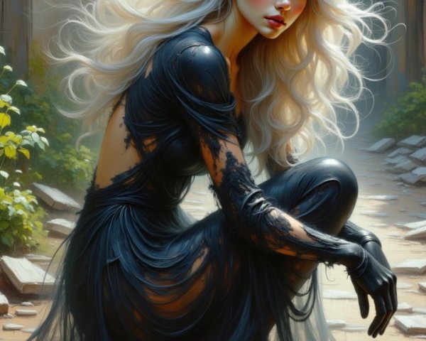 Crouching Figure in Black Gown on Overgrown Street