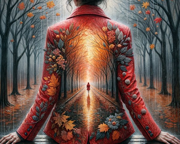 Woman in Red Jacket in Misty Autumn Forest Pathway