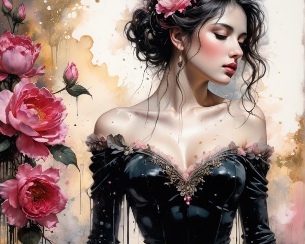 Young woman in black gown with pink flower and peonies