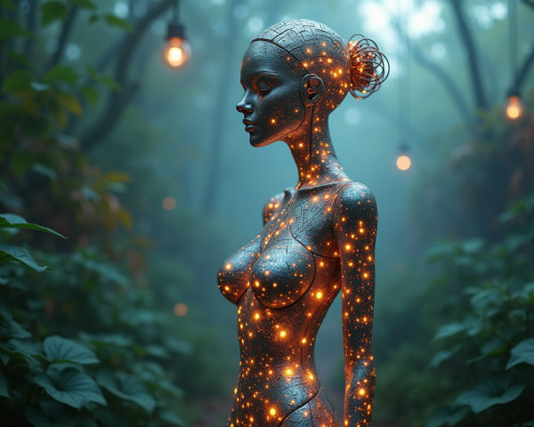 Futuristic Female Figure in a Misty Forest Setting