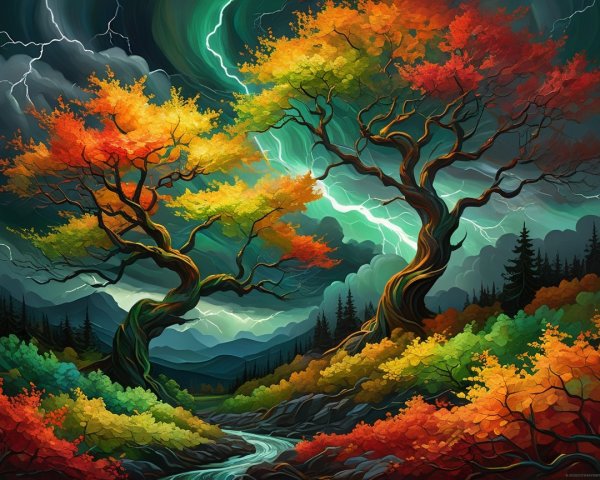 Autumn Landscape with Twisting Trees and Storm Clouds