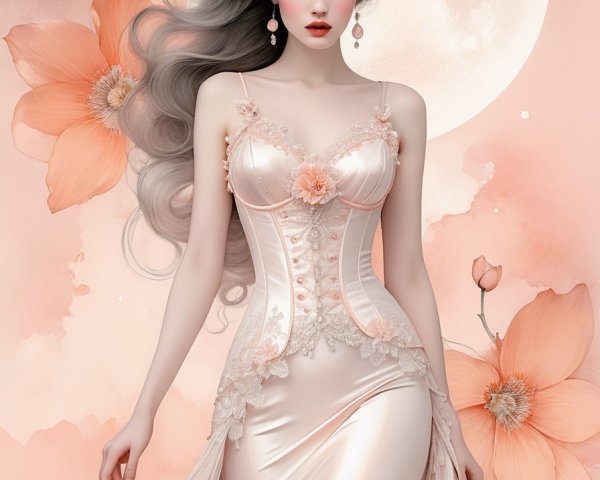 Ethereal Woman in Floral Gown with Dreamy Background