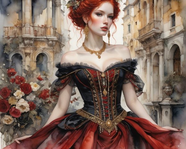 Elegant Woman in Off-Shoulder Red and Black Gown