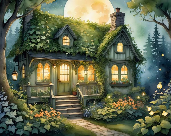 Fairytale Cottage with Ivy and Full Moon Above