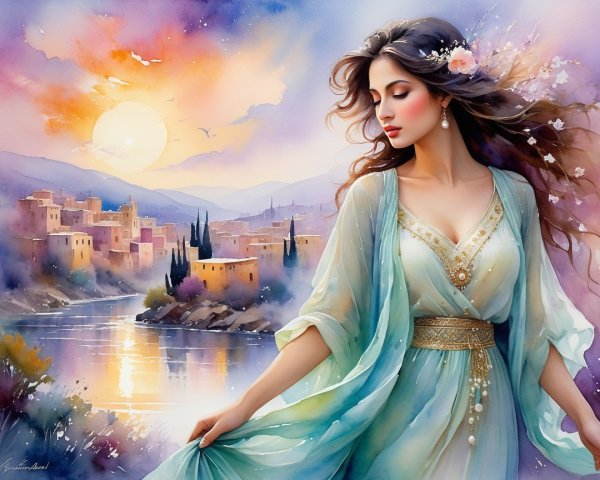 Serene Woman in Blue Gown by Tranquil River at Sunset